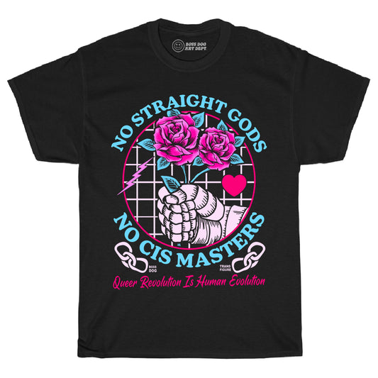 No Straight Gods Pink Rose Black Tee